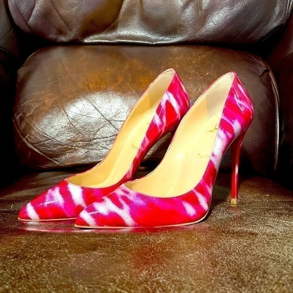 CHRISTIAN Louboutin EU38.5 patent leather, Christmas Candy cane like print 100mm